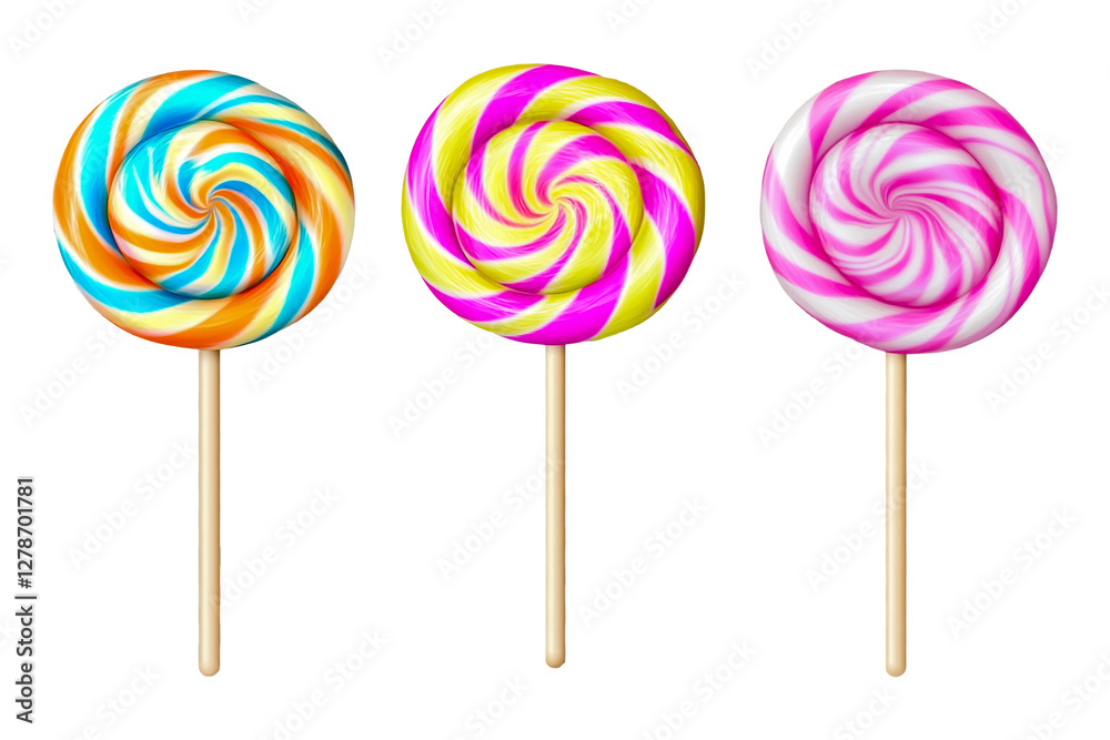 A set of three lollipop candies, with spiral-colored designs, isolated on a transparent background. A set of three lollipop candies, with spiral-colored designs, isolated on a transparent background.