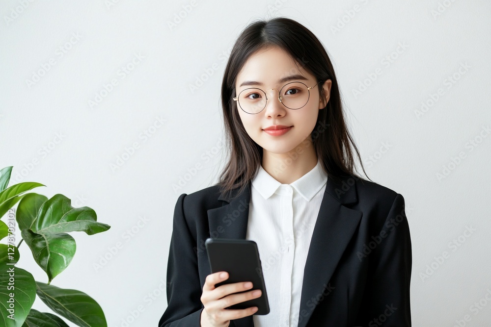 Businesswoman holding phone, office background Businesswoman holding phone, office background