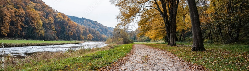Serene Autumn Landscape with Calm River and Colorful Foliage along a Scenic Pathway in a Peaceful Natural Setting Serene Autumn Landscape with Calm River and Colorful Foliage along a Scenic Pathway in a Peaceful Natural Setting