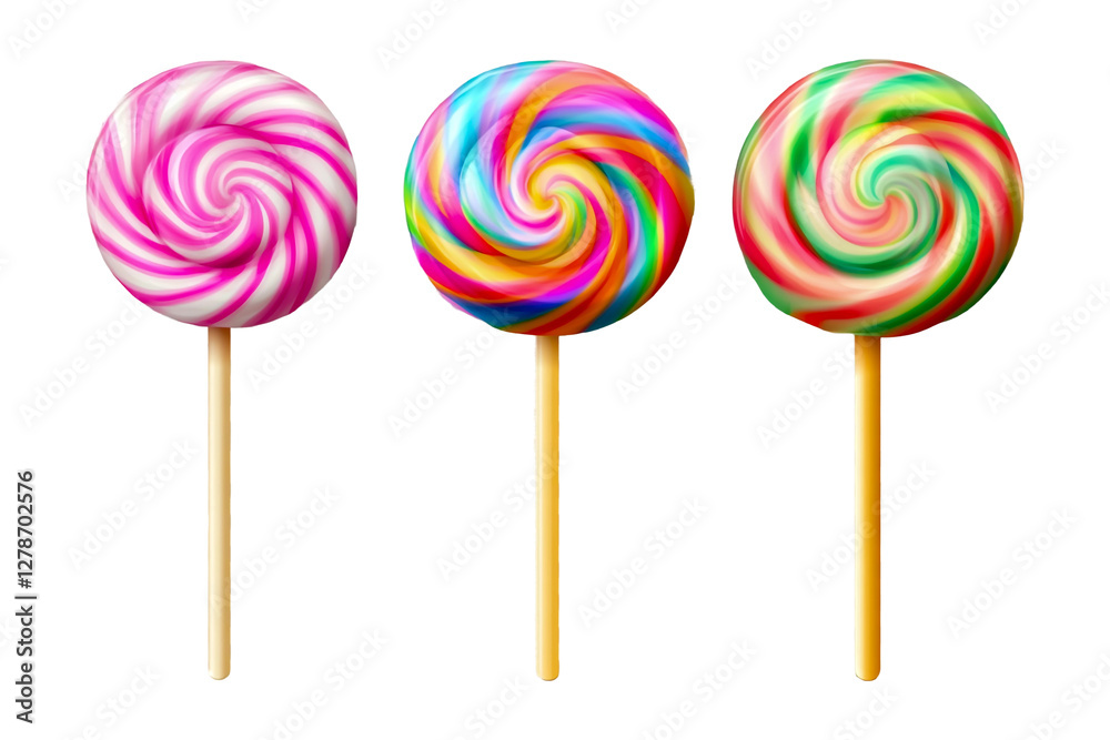 A set of three lollipop candies, with spiral-colored designs, isolated on a transparent background. A set of three lollipop candies, with spiral-colored designs, isolated on a transparent background.