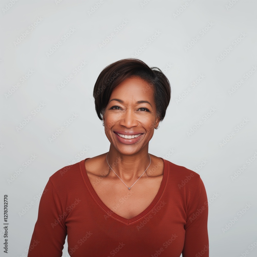 A woman with short hair smiles warmly, wearing a brown sweater and exuding confidence in a light-colored setting A woman with short hair smiles warmly, wearing a brown sweater and exuding confidence in a light-colored setting