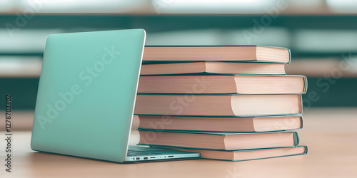 Teal Laptop and Stack of Bo...