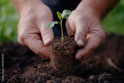 Hands shaping and planting a new seedling into fresh, dark soil, illustrating the beauty of nurturing plants and the emotional connection between humans and nature.