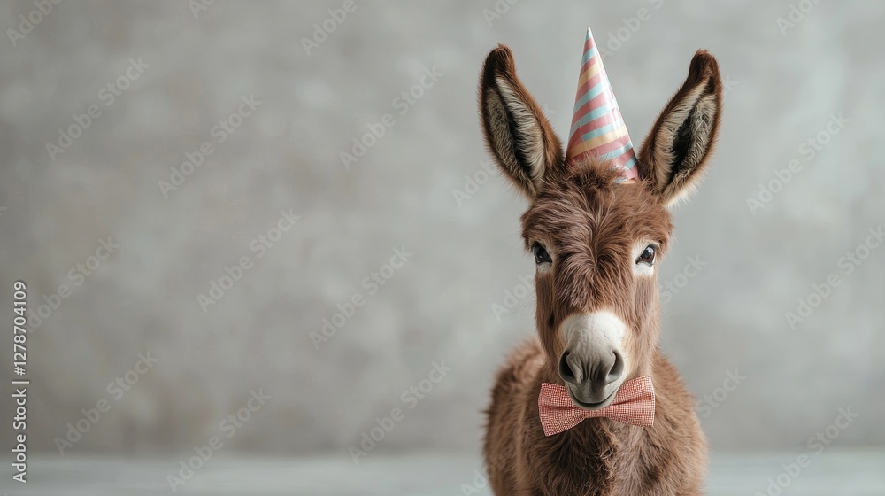 Fototapeta premium Happy birthday celebration at the farm featuring a donkey in a bowtie festive atmosphere playful environment