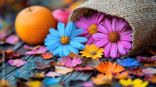 A vibrant arrangement of a colorful bag of flowers and a bright orange set on a wooden table