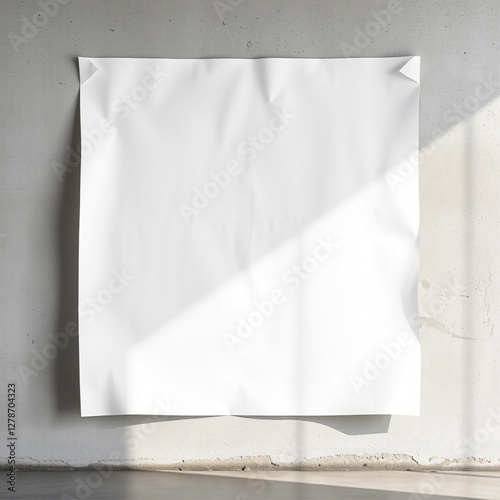 Crumpled White Paper Poster Hanging on a Minimal Gray Wall