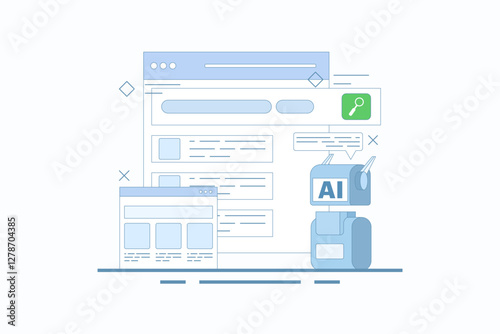 AI powered search results concept, Artificial intelligence integrated with search engine, AI search results, content based title, landing page, flat vector illustration in background.
