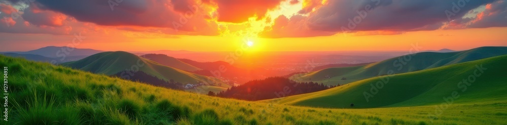 Obraz premium Blazing sunrise over lush green hills, bursting with color , nature, view