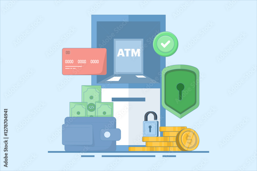 ATM security and protection concept. ATM machine or ATM. Security in using ATM machines. Technology and finance. ATM machine for transactions and money storage. Flat vector illustration on background. ATM security and protection concept. ATM machine or ATM. Security in using ATM machines. Technology and finance. ATM machine for transactions and money storage. Flat vector illustration on background.