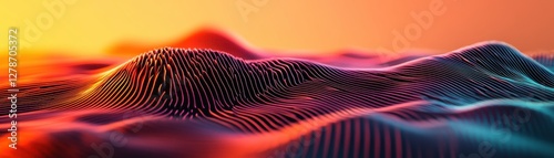 A vibrant, abstract landscape featuring colorful, wave-like patterns that suggest a digital or futuristic terrain.