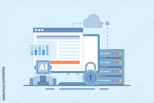 Cloud Server AI Service Concept, AI hosted on cloud server, Cloud hosting, cloud API for artificial intelligence, cloud computing technology, data network management. flat vector illustration.