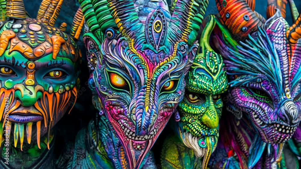 Colorful masks of fantastical creatures showcased at a vibrant cultural festival in a lively outdoor setting during the evening Colorful masks of fantastical creatures showcased at a vibrant cultural festival in a lively outdoor setting during the evening