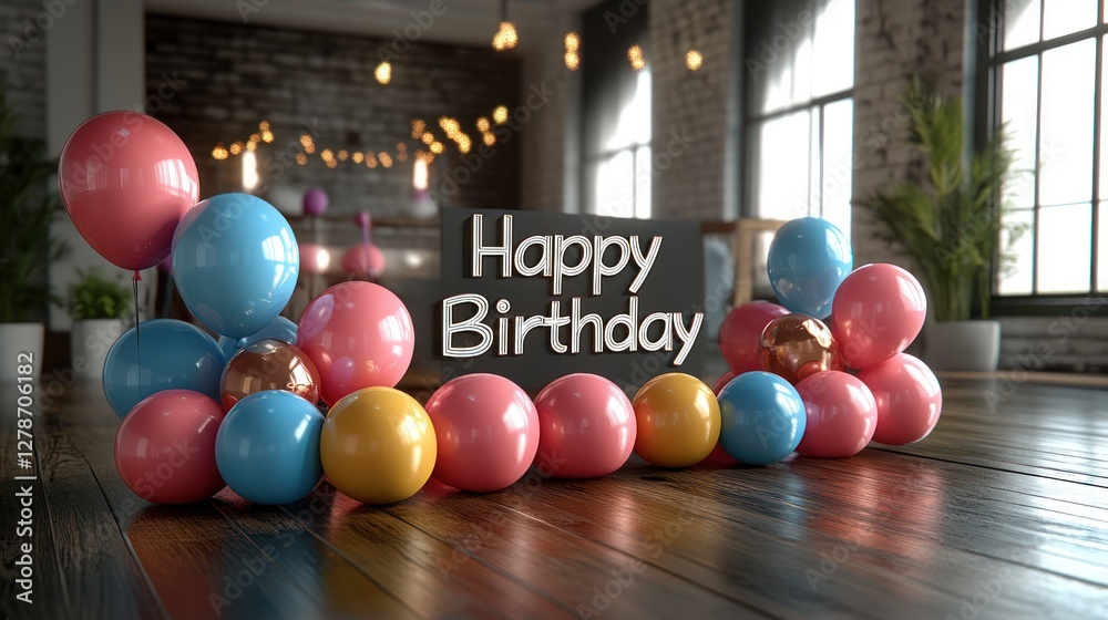Naklejka premium Birthday balloons studio floor backdrop