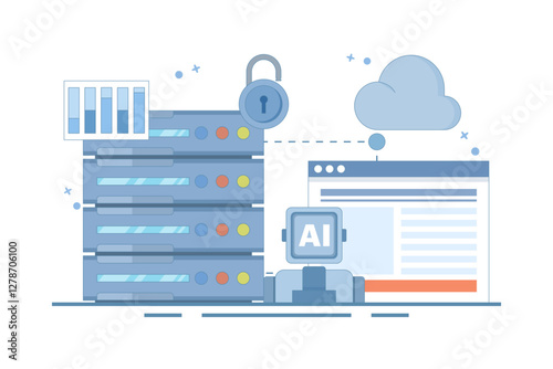 Cloud Server AI Service Concept, AI hosted on cloud server, Cloud hosting, cloud API for artificial intelligence, cloud computing technology, data network management. flat vector illustration.
