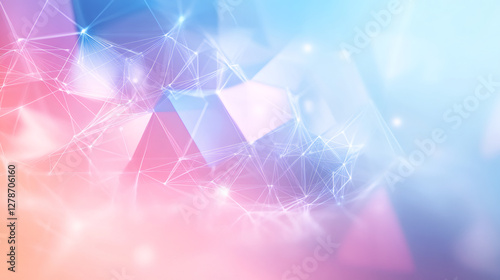 Plexus network of lines and dots creating a futuristic geometric pattern over a pastel pink and blue gradient background