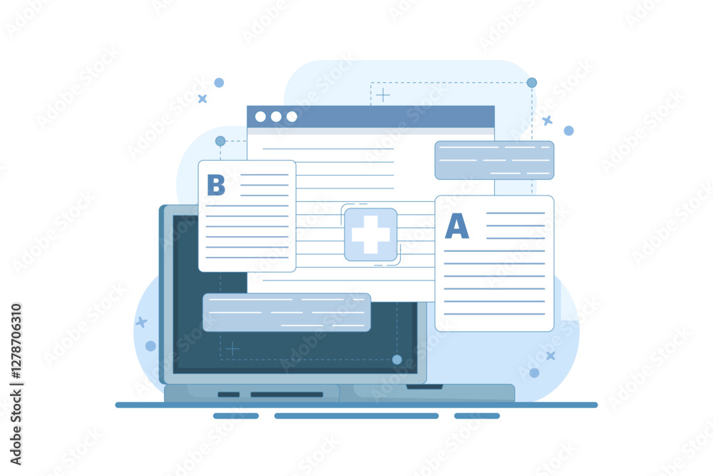 AB Testing Concept, User Feedback, Bug Fixing, Comparison Process, Mobile and Desktop App Development. AB testing concept Comparison of separate wireframe applications A B. Flat vector illustration. AB Testing Concept, User Feedback, Bug Fixing, Comparison Process, Mobile and Desktop App Development. AB testing concept Comparison of separate wireframe applications A B. Flat vector illustration.