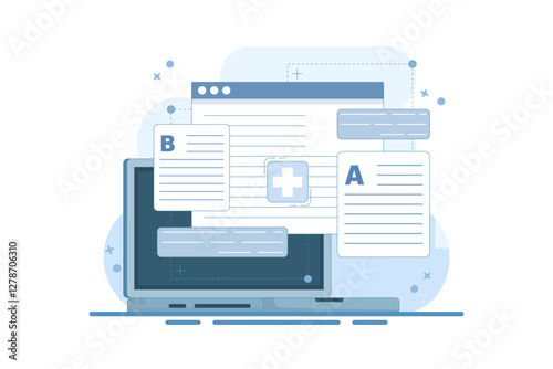 AB Testing Concept, User Feedback, Bug Fixing, Comparison Process, Mobile and Desktop App Development. AB testing concept Comparison of separate wireframe applications A B. Flat vector illustration.