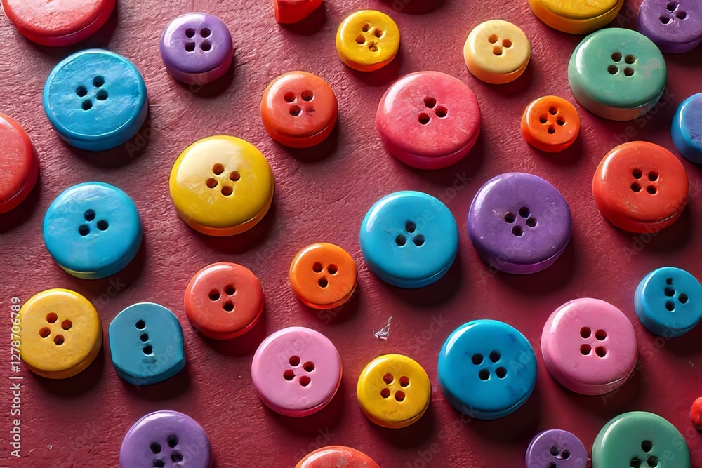 Colorful Buttons in Various Hues on a Maroon Background Colorful Buttons in Various Hues on a Maroon Background