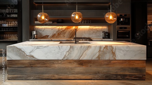 A reclaimed wood kitchen island with unmounted marble countertops featuring delicate veins, illuminated by warm pendant lights. 