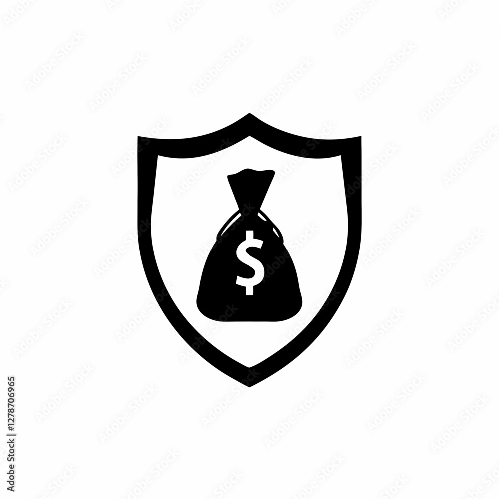 Creative Protect money icon and logo, money bag and shield vector silhouette Creative Protect money icon and logo, money bag and shield vector silhouette
