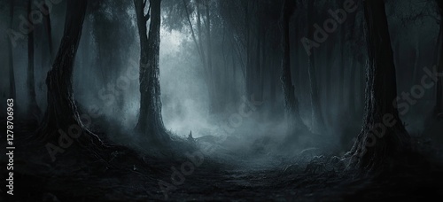 Fototapeta Naklejka Na Ścianę i Meble -  Foggy, ominous forest path