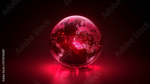 Red glowing globe highlighting connections between continents in a dark background, concept of global communication and network