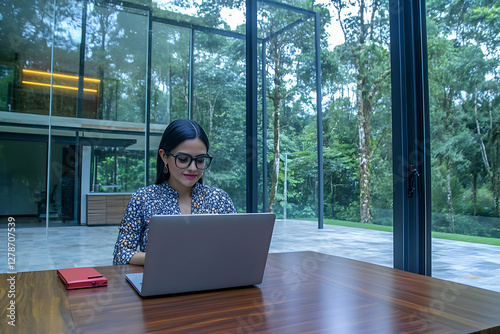 Woman Working Laptop Modern...