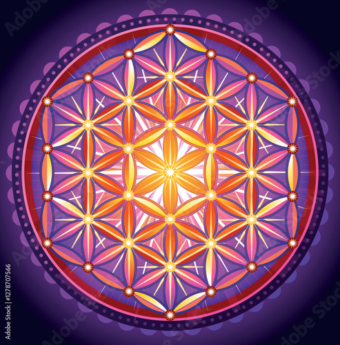 Purple Flower of Life. Mystical Sacred Geometry with Radiant Energy