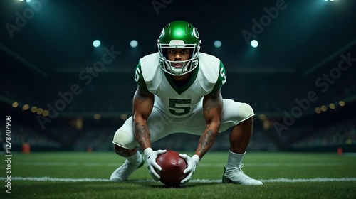 Football player prepares for snap on field under stadium lights during night game