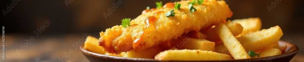 Crispy golden fish and chips, malt vinegar drizzle, white, brown, chips Crispy golden fish and chips, malt vinegar drizzle, white, brown, chips