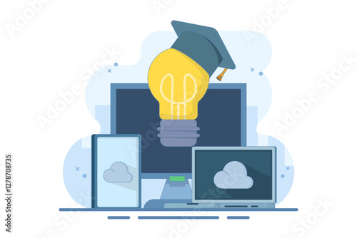 Online education concept, Bachelor's hat on light bulb with computer, smartphone, tablet, online courses, distance learning, self-education, digital library. Digital marketing illustration.