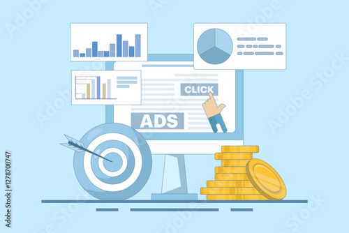 Pay per click concept for websites. Advertising on the internet, clicking on ads, pay per click system. PPC advertising strategies, clicking on ads and more. Flat vector illustration on background.