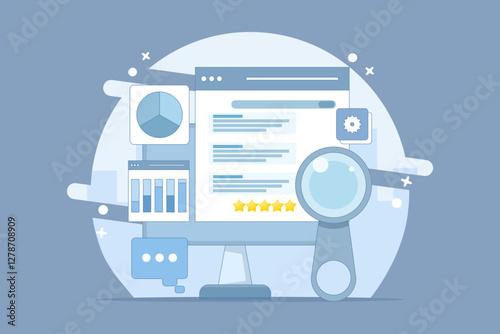 Website SEO concept, Search engine ranking, Website optimization to rank higher on search engine result pages, search engine customer reviews. Flat vector illustration on background.