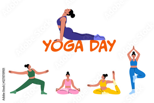 International Yoga Day Illustration. Women Practicing Yoga Poses. Perfect for wellness blogs, fitness posters, social media, and yoga-related content. A modern flat-style illustration.