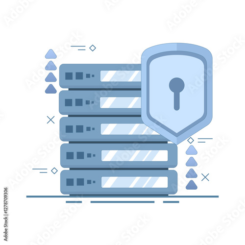 Server data security concept. Data Server with Shield. Secure Data Concept. secure server. Data Center and data protection. Cyber ​​Security Technology, flat vector illustration on background.