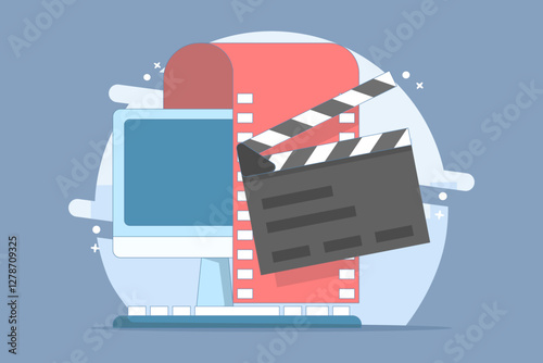 Video film editing concept created on pc computer, vector flat graphic illustration, online motion content production, digital montage image, clip art, animation studio design. flat illustration.