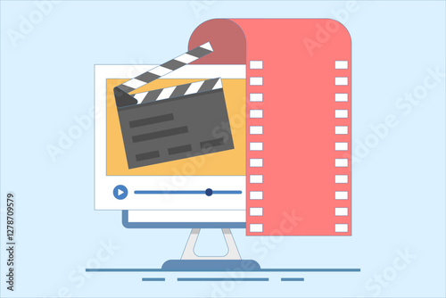 Video film editing concept created on pc computer, vector flat graphic illustration, online motion content production, digital montage image, clip art, animation studio design. flat illustration.