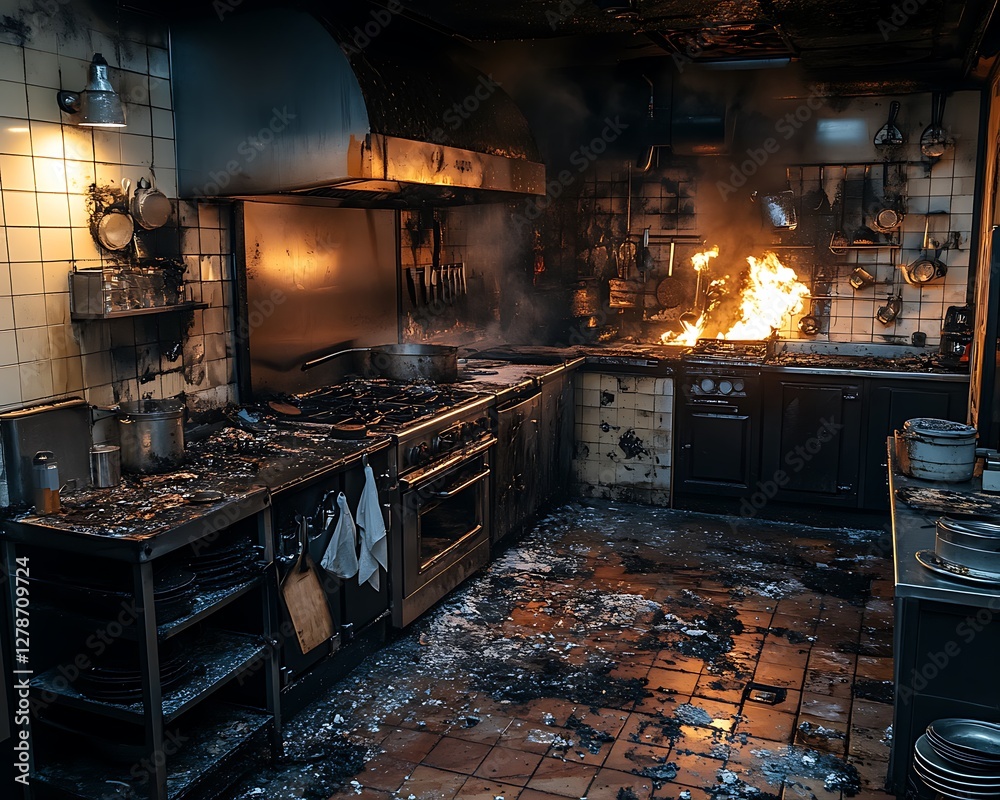 Kitchen fire damage, smoke, debris Kitchen fire damage, smoke, debris