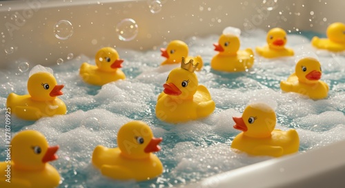 Yellow rubber ducks splash in a bathtub of soapy foam and bubbles. One of them wears a crown, symbolizing leadership