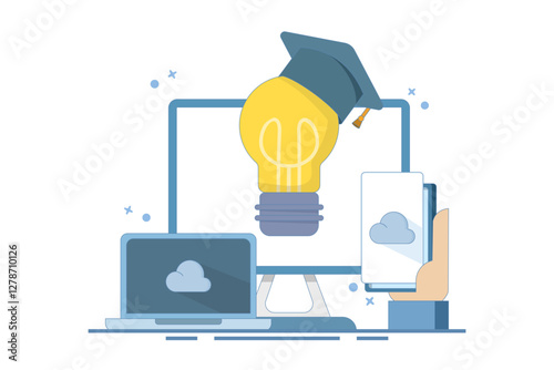 Online education concept, Bachelor's hat on light bulb with computer, smartphone, tablet, online courses, distance learning, self-education, digital library. Digital marketing illustration.