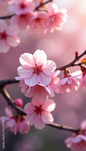 Delicate pink cherry blossoms in full bloom, spring sunlight , petal, illustration, cherry tree