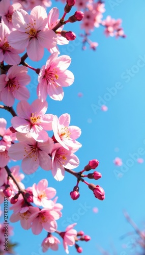 Delicate pink cherry blossoms scattered against a vibrant blue sky , pink, botanical