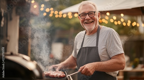 Senior man grilling outdoors at summer barbecue with friends and family, enjoying cooking, smiling happily, relaxed atmosphere, outdoor lifestyle.