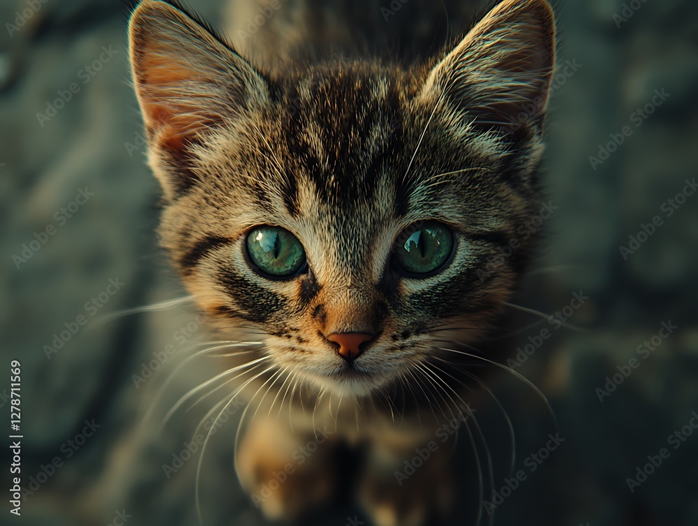 Fototapeta premium Kitten looking up, cobblestone background, pet