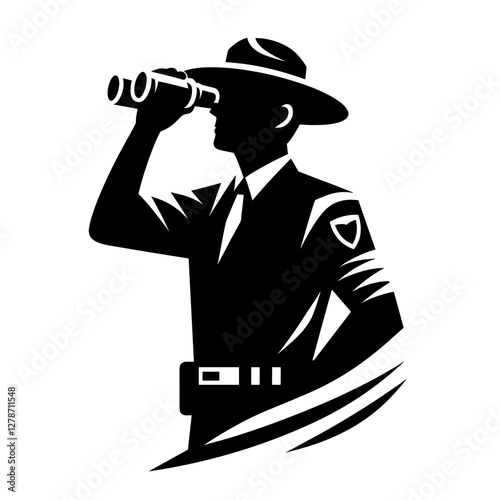 Park ranger observing with binoculars silhouette