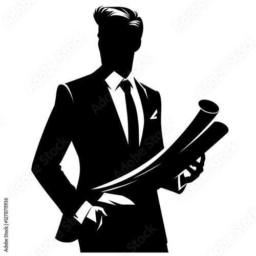 Architect holding blueprints silhouette
