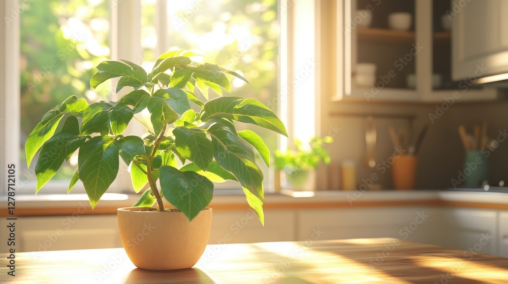Fototapeta premium Bright and Lively Indoor Plant in Sunlit Kitchen Environment