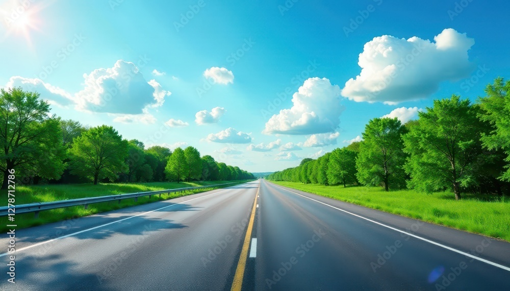 Empty highway stretches towards a vibrant blue sky, lush green park alongside , straight, horizon Empty highway stretches towards a vibrant blue sky, lush green park alongside , straight, horizon