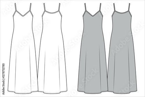 Women's silk underwear maxi dress. Fashion flat sketch.