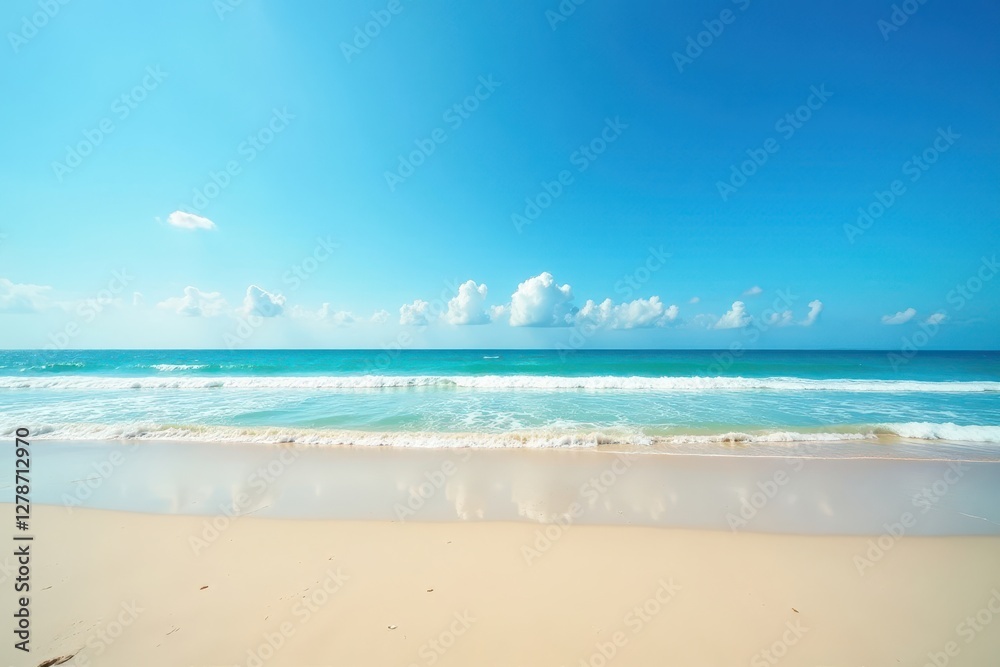 Expansive empty beach, vivid blue sky, gentle waves , background, sunshine Expansive empty beach, vivid blue sky, gentle waves , background, sunshine